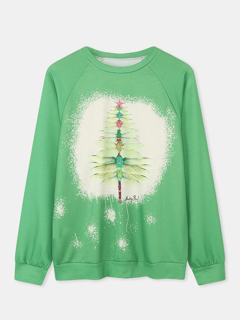Dames Kerst Dragonfly Tree Print Casual T-shirt Met Lange Mouwen