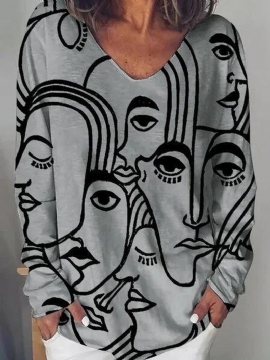 Dames Kunst Abstract Karakter Print Los Casual T-shirt Met Lange Mouwen