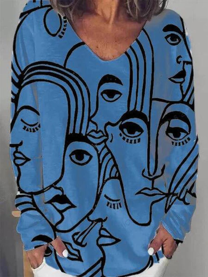 Dames Kunst Abstract Karakter Print Los Casual T-shirt Met Lange Mouwen