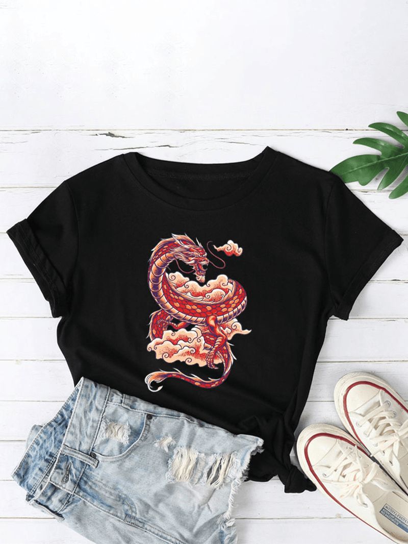Dames Oriental Dragon Graphics O-hals Casual T-shirts Met Korte Mouwen