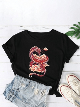 Dames Oriental Dragon Graphics O-hals Casual T-shirts Met Korte Mouwen