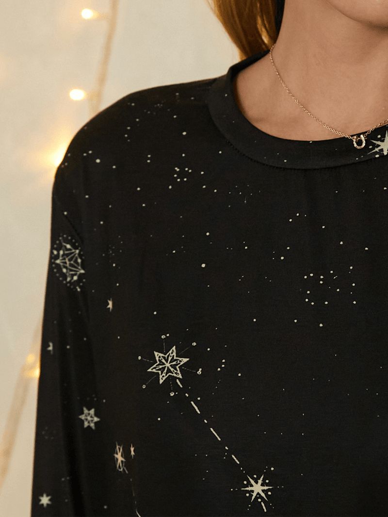 Dames Taurus Print Stars Moon O-hals Casual T-shirt Met Lange Mouwen