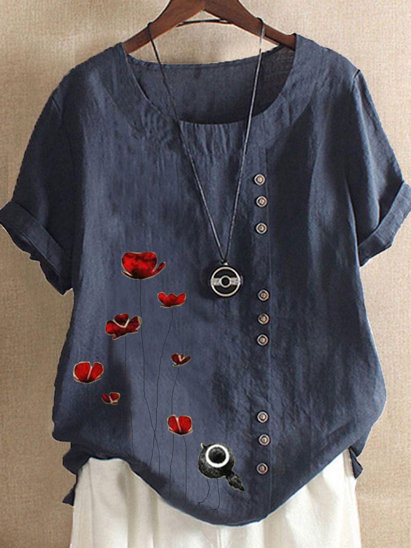 Dames Vintage Rode Bloemenprint Knop Casual Losse T-shirts