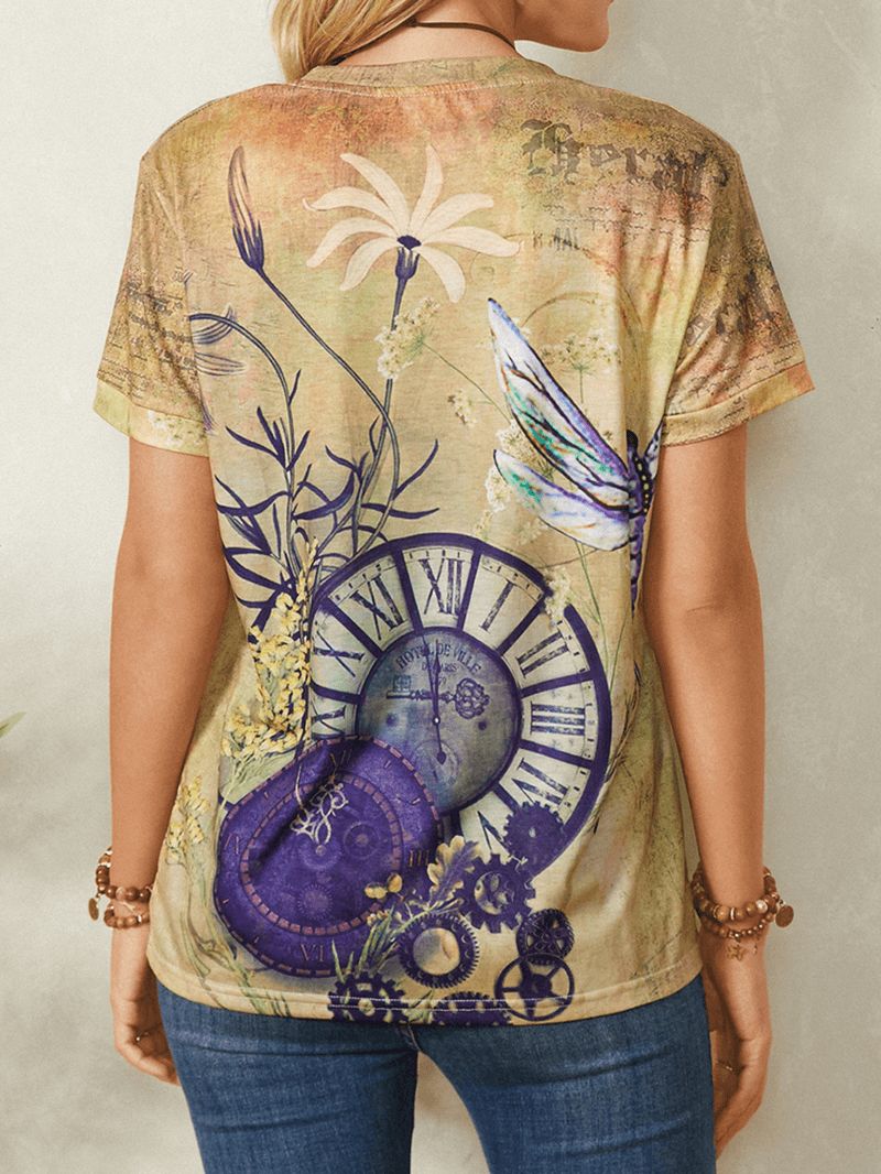 Klok Dragonfly Print Korte Mouw O-hals Casual Vintage T-shirt Voor Dames
