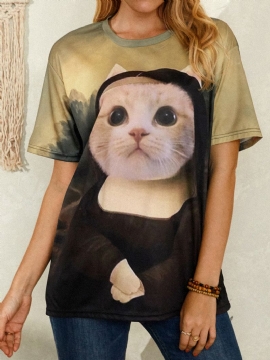 T-shirts Met Ronde Hals En Korte Mouwen Voor Dames Met Grappige Kattenprint