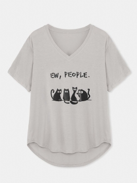Vrouwen Cartoon Cute Kat Slogan Print V-hals Gebogen Zoom T-shirt Met Korte Mouwen