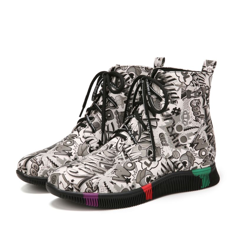 Dames Casual Letter Graffiti Printing Multicolor Lace-up Korte Combat Boots