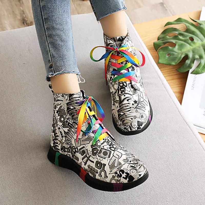 Dames Casual Letter Graffiti Printing Multicolor Lace-up Korte Combat Boots