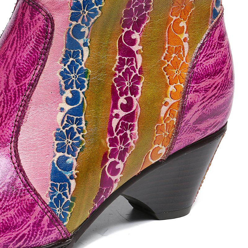 Dames Handgeschilderde Regenboogstrepen Stiksels Lederen Textuur Enkellaarsjes