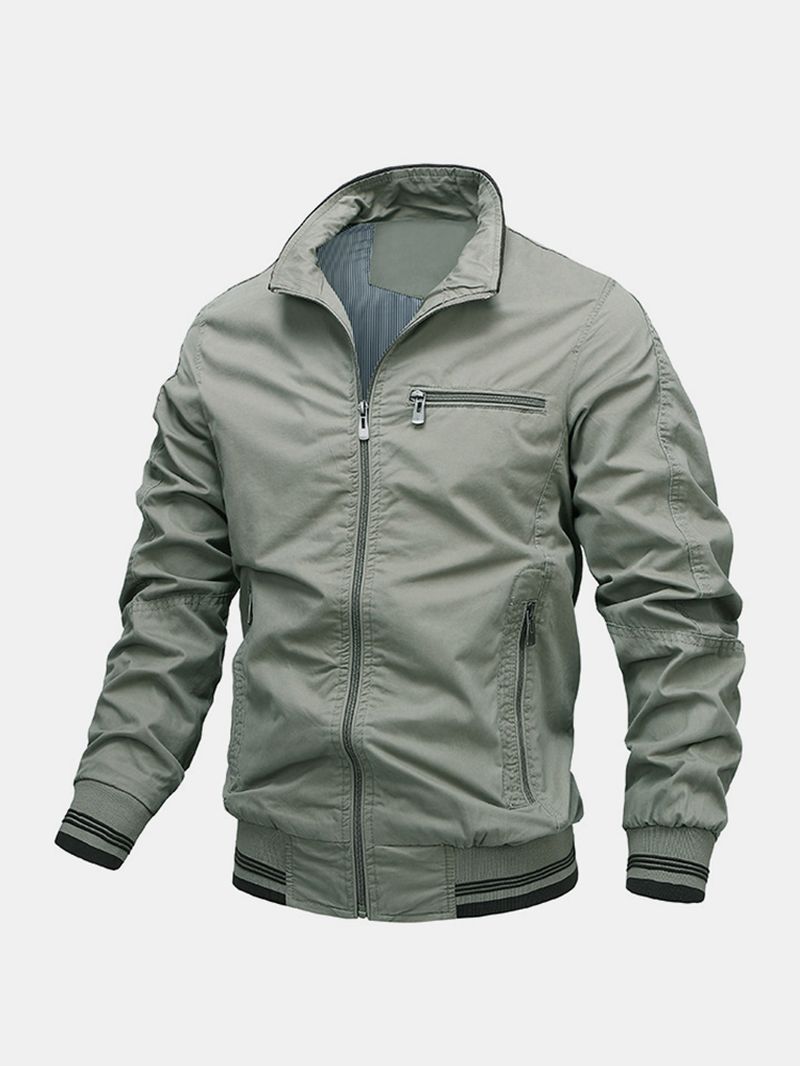 Heren Katoenen Opstaande Kraag Multi Pocket Zipper Long Sleeve Simple Jacket
