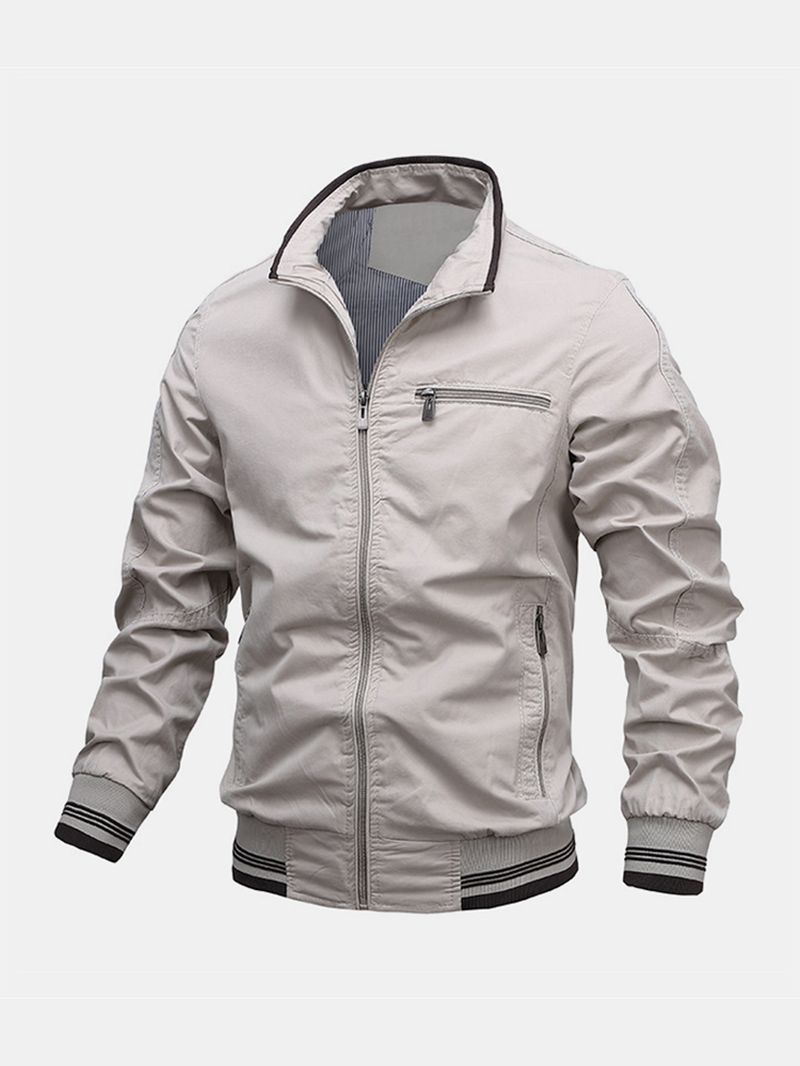 Heren Katoenen Opstaande Kraag Multi Pocket Zipper Long Sleeve Simple Jacket