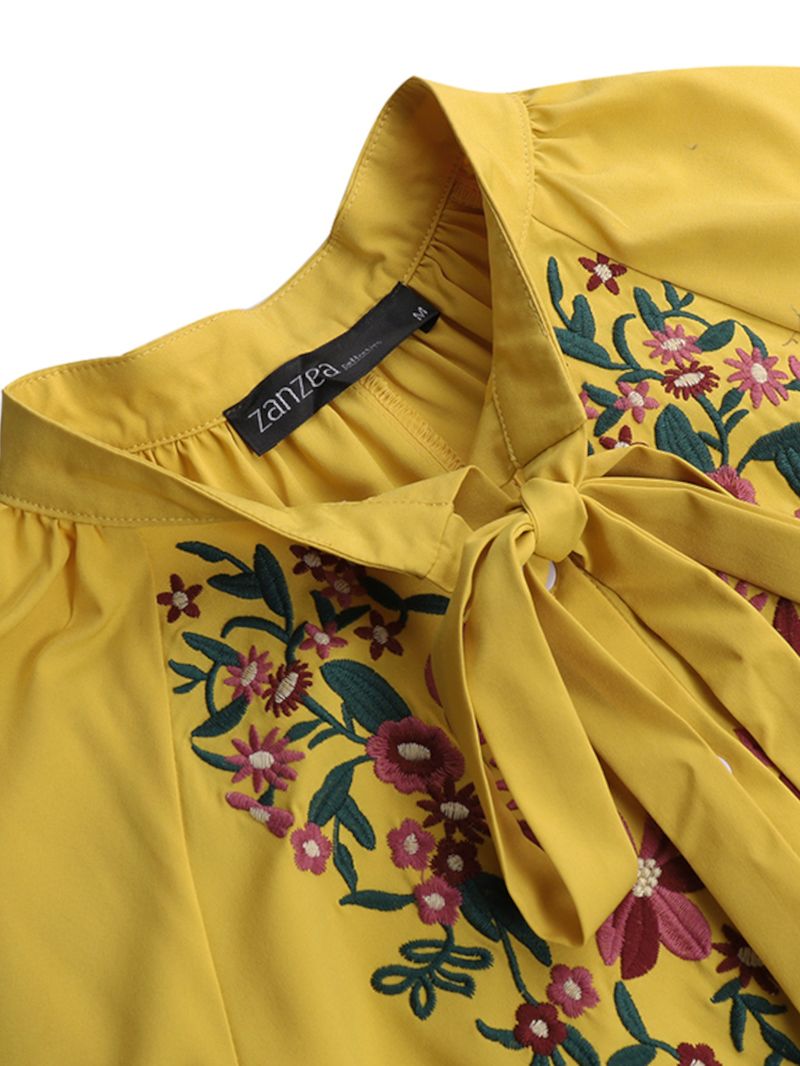 Bloemen Borduurwerk Pofmouw Lace-up Losse Boheemse Mini-jurk Voor Dames