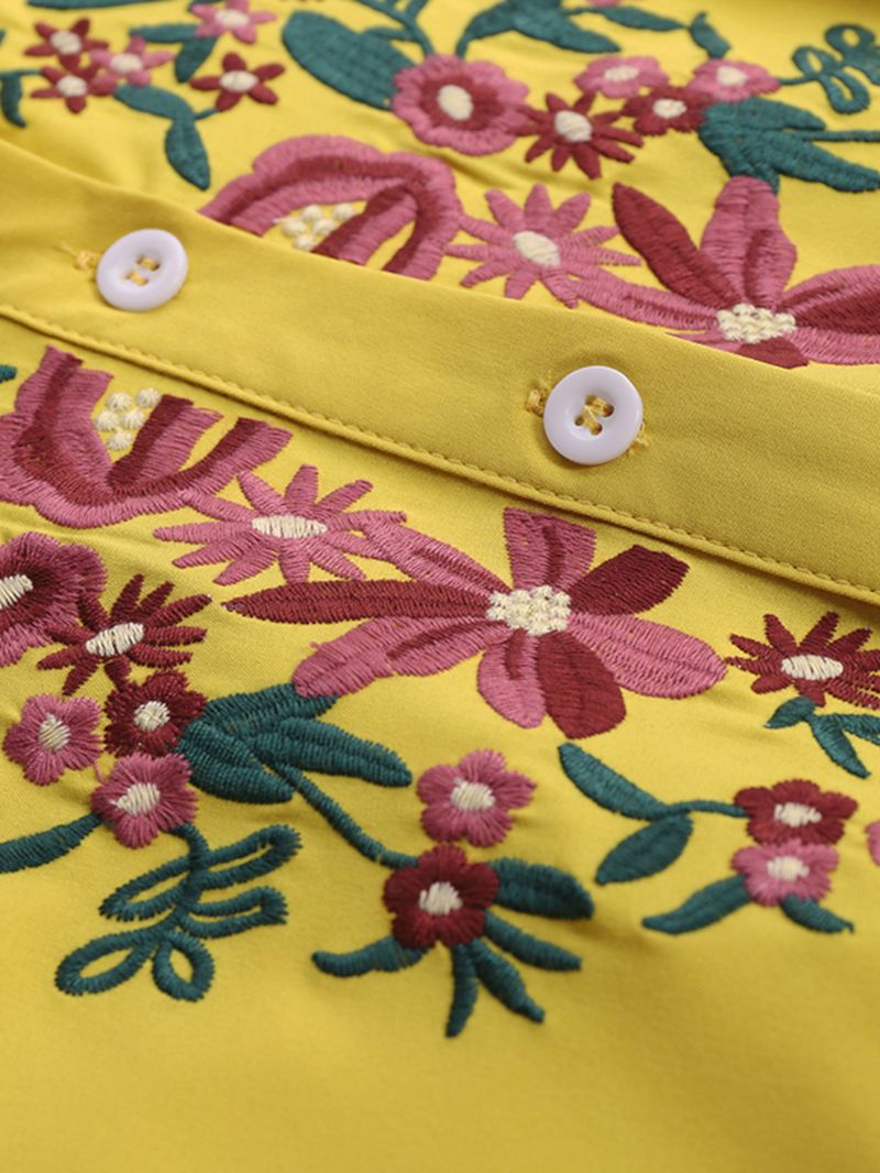 Bloemen Borduurwerk Pofmouw Lace-up Losse Boheemse Mini-jurk Voor Dames