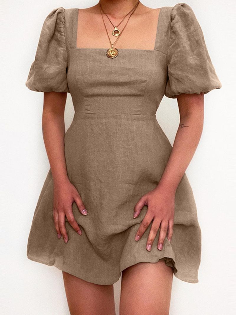Casual Effen A-lijn Mini-jurk Met Vierkante Hals En Pofmouwen