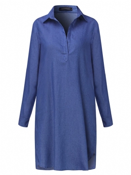 Dames Casual V-hals Denim Blue Jean Fold Sleeve Mini-jurk