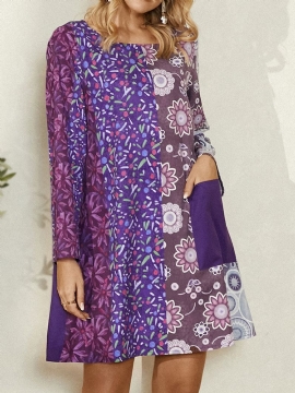 Dames Etnische Stijl Print Colorblock Mini-jurk Met Lange Mouwen En Zak