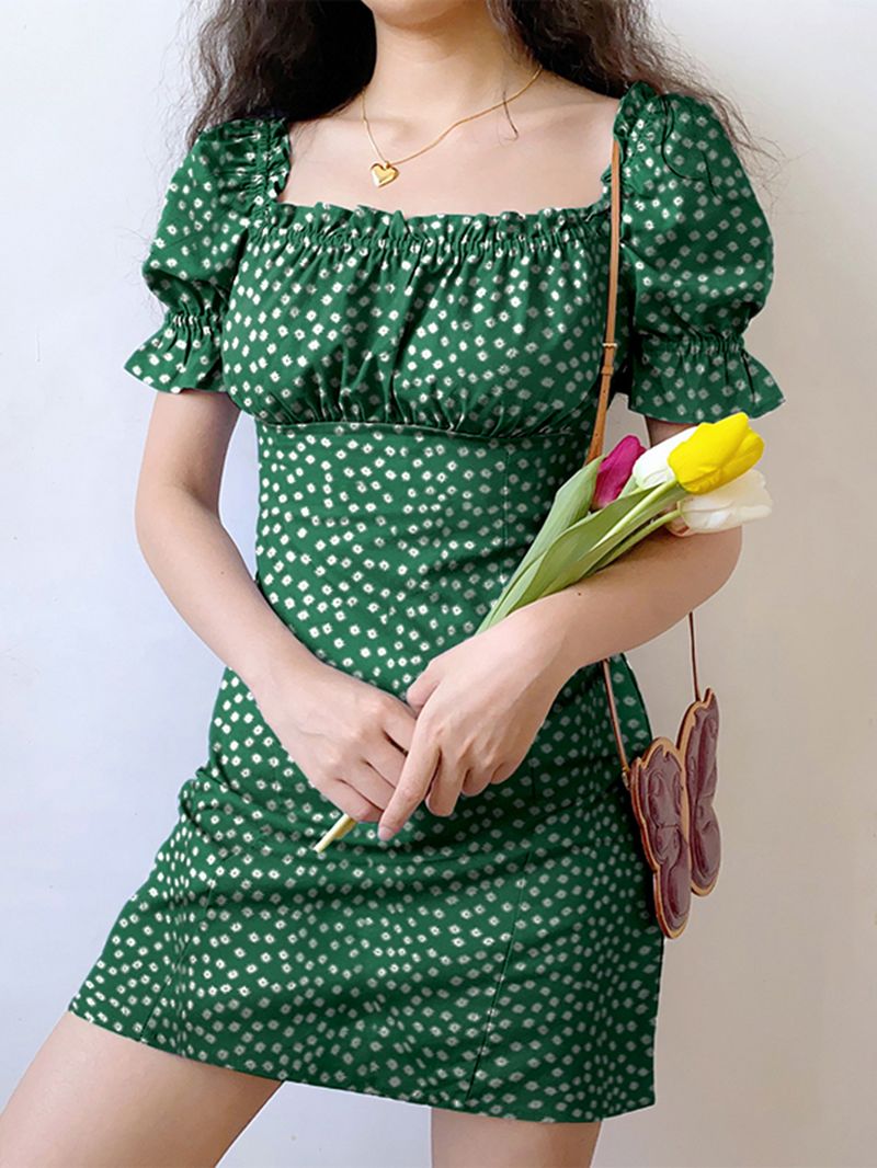 Geplooide Mini-jurk Met Vierkante Kraag En Bloemenprint