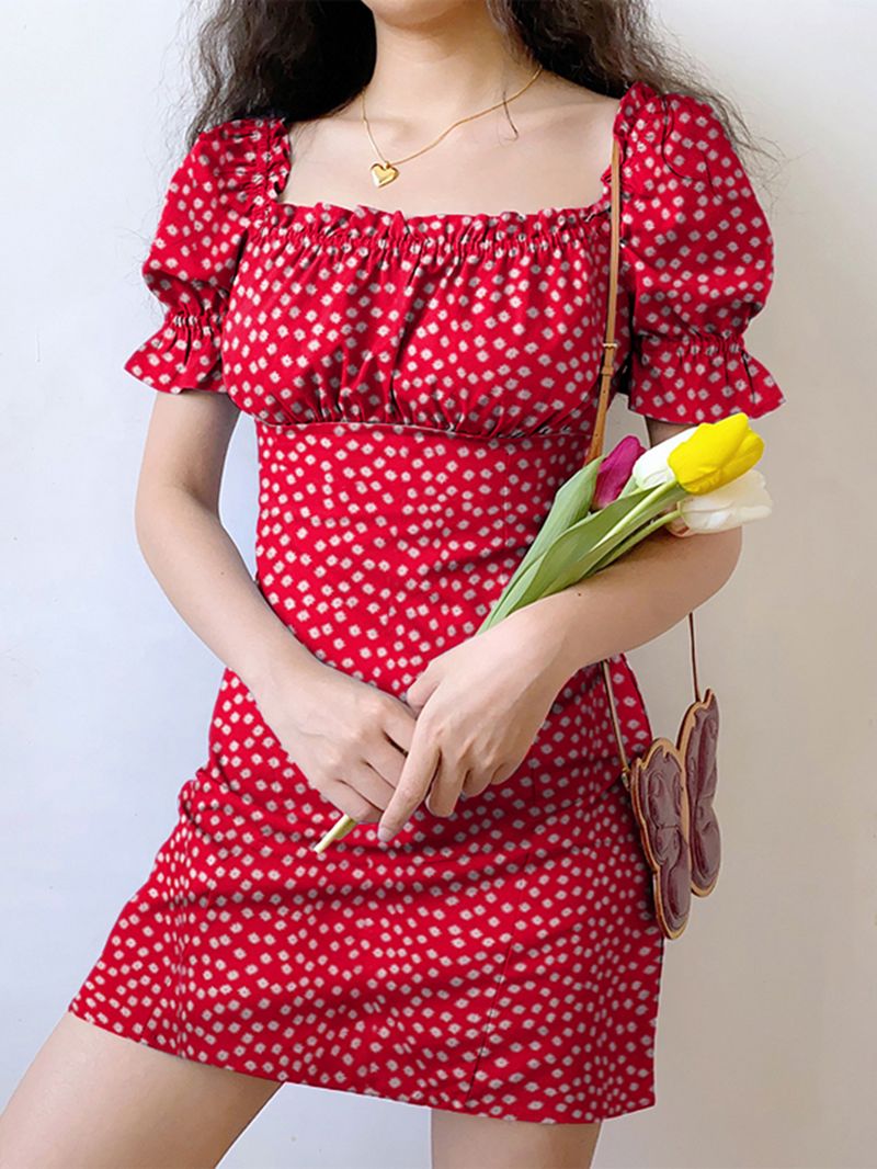 Geplooide Mini-jurk Met Vierkante Kraag En Bloemenprint