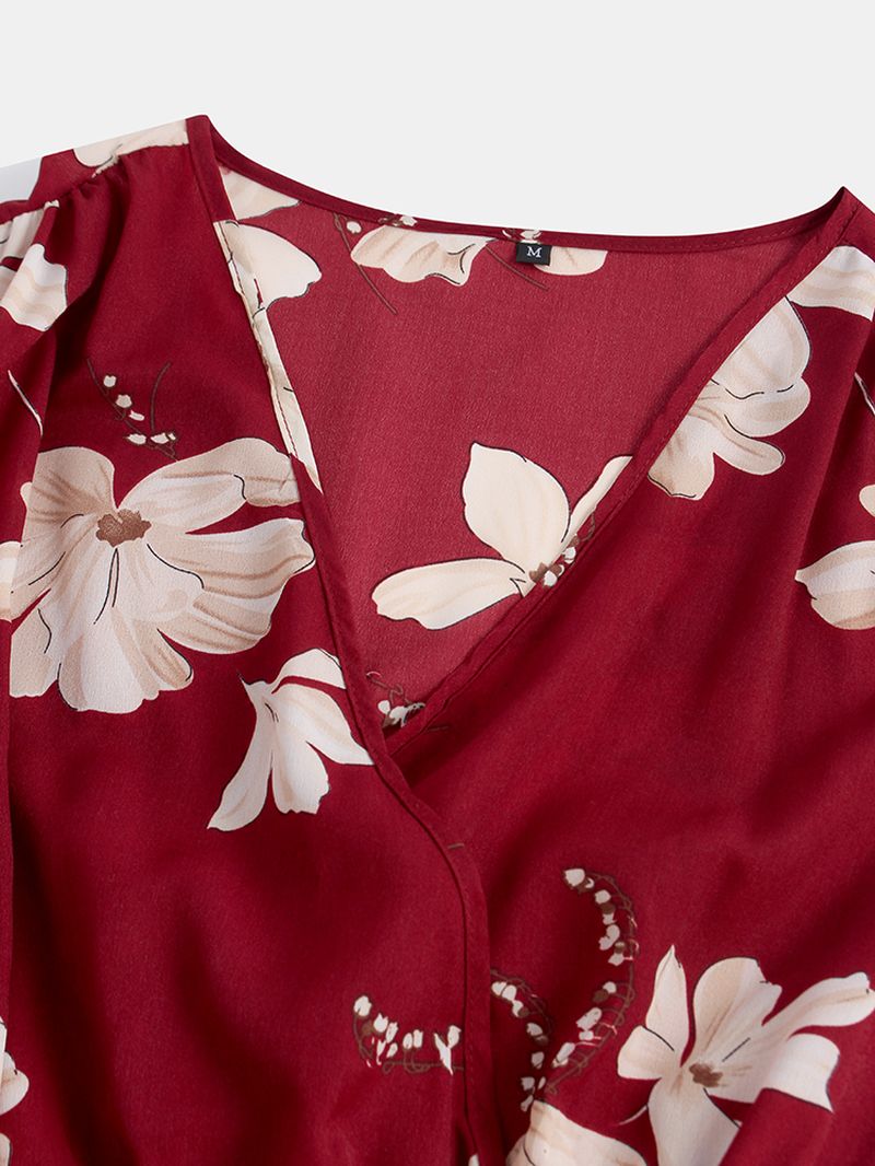 Mini-jurk Met Lange Mouwen En V-hals En Bloemenprint