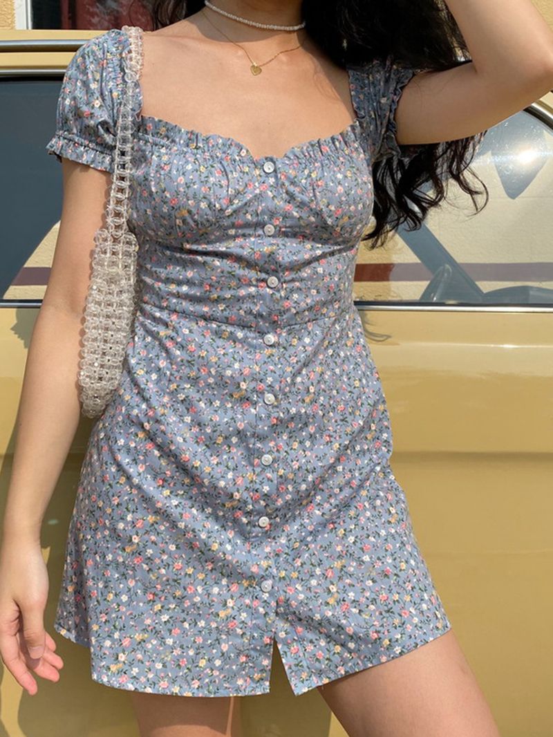 Mini-jurk Met Vierkante Hals En Knopen En Korte Mouwen Met Bloemenprint