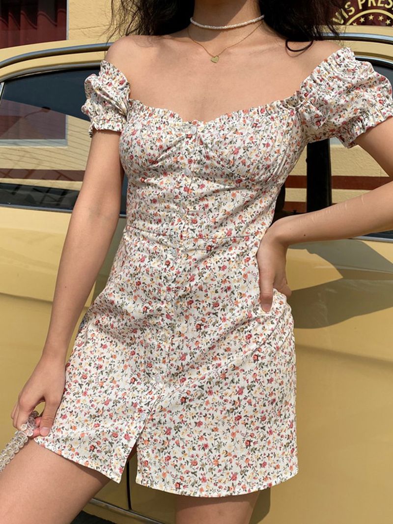 Mini-jurk Met Vierkante Hals En Knopen En Korte Mouwen Met Bloemenprint