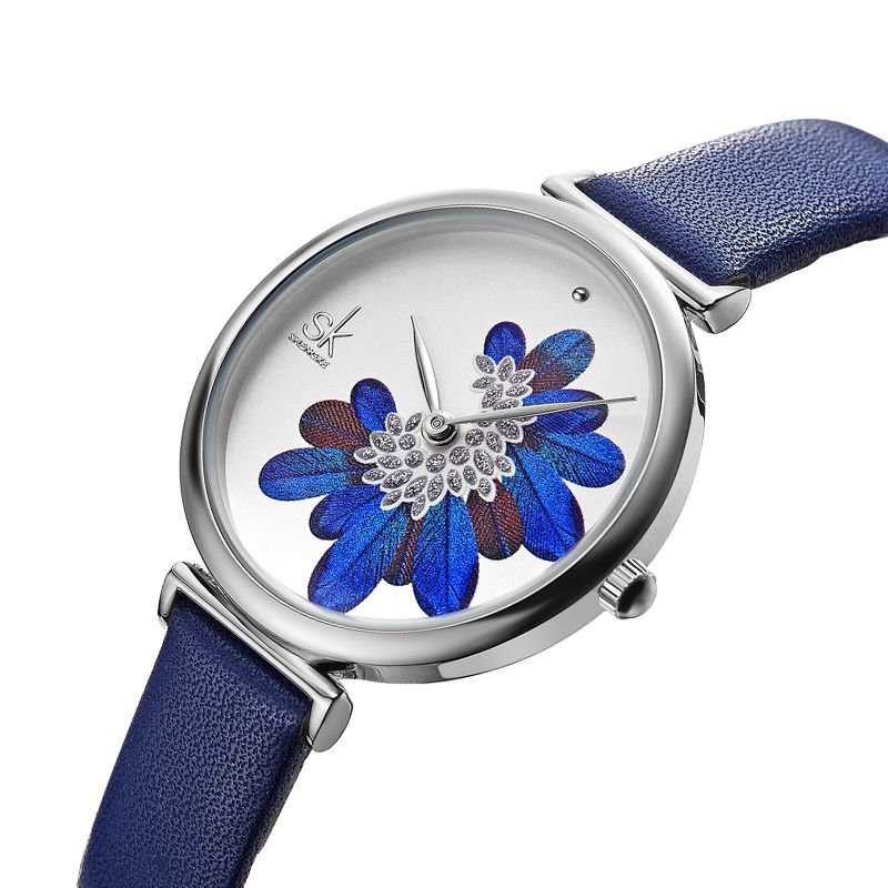 Bladeren Patroon Kristallen Bloemen Vrouwelijke Mode Elegante Dames Dames Lederen Quartz Horloge