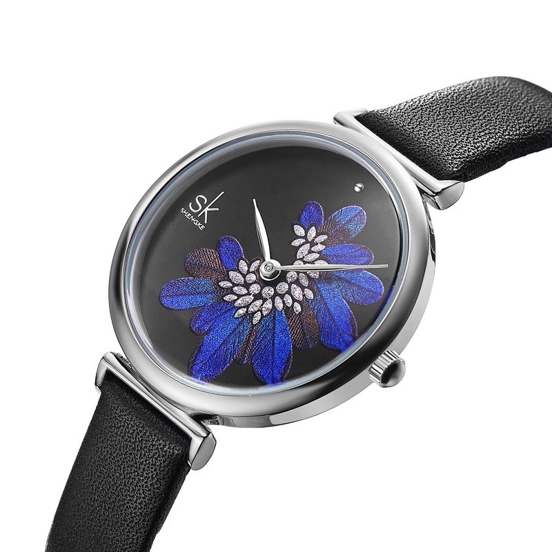 Bladeren Patroon Kristallen Bloemen Vrouwelijke Mode Elegante Dames Dames Lederen Quartz Horloge