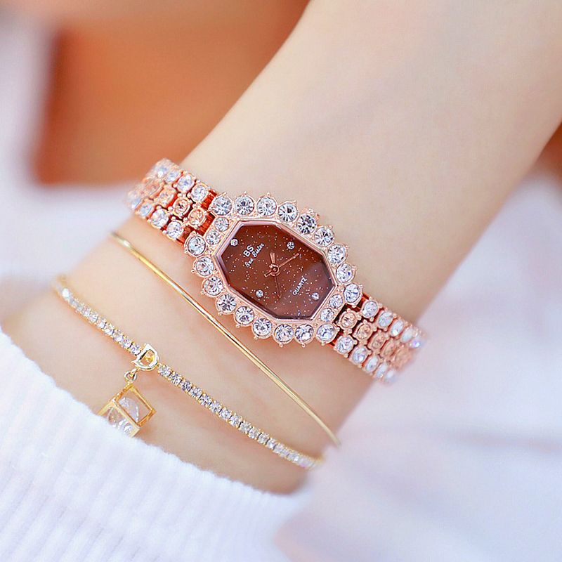 Crystal Dames Armband Horloge Diamanten Rechthoek Volledig Stalen Quartz Horloge