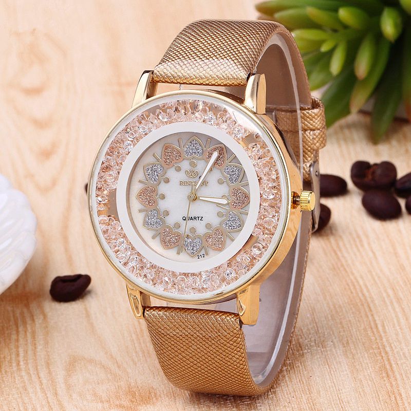 Crystal Shining Dress Dameshorloge Rose Gold Case Lederen Band Quartz Horloges