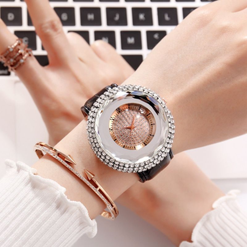 Diamanten Elegant Design Dames Polshorloge Pu Lederen Band Quartz Horloges
