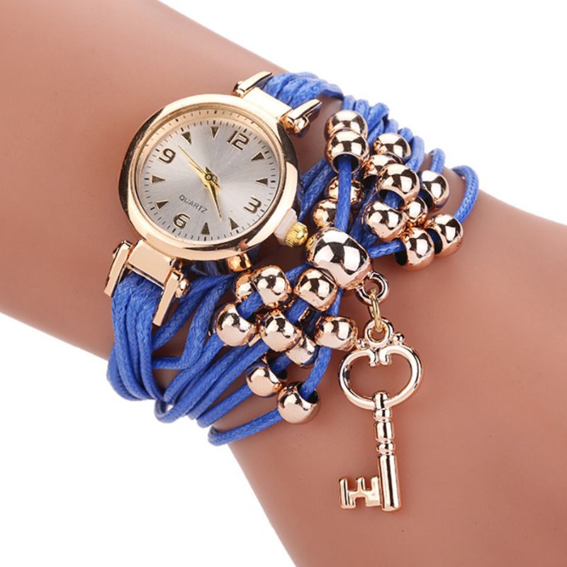 Gouden Kast Kleurrijke Lederen Kralen Band Dames Jurk Dames Armband Polsband Quartz Horloge
