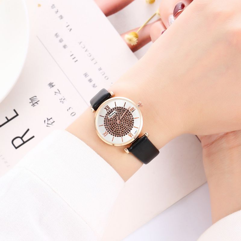 Roman Number Crystal Elegant Design Dameshorloge Lederen Band Quartz Horloges