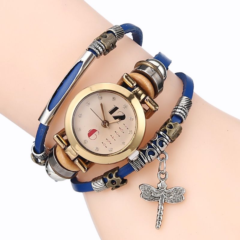 Vintage Multilayer Dames Armband Horloge Diamond Dragonfly Hanger Lederen Band Quartz Horloge