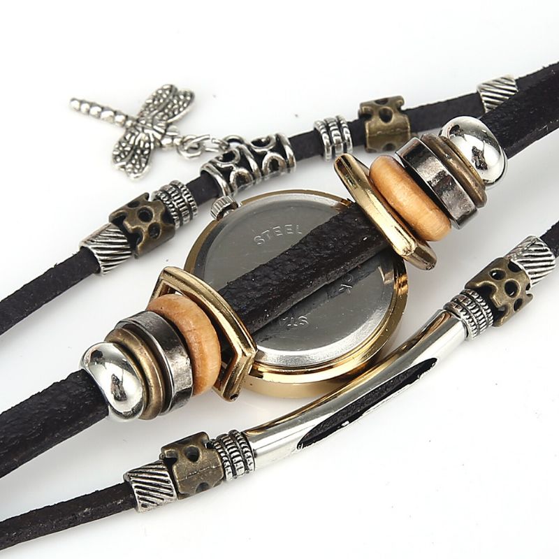 Vintage Multilayer Dames Armband Horloge Diamond Dragonfly Hanger Lederen Band Quartz Horloge