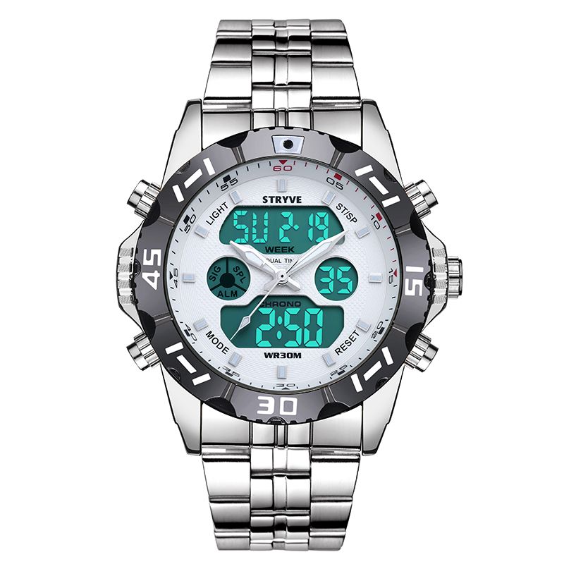 Chronograaf Alarm Kalender Roestvrij Staal Sport Dual Display Digitaal Horloge