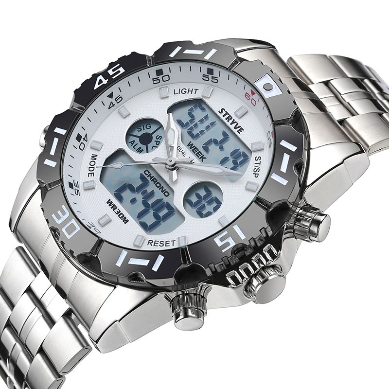 Chronograaf Alarm Kalender Roestvrij Staal Sport Dual Display Digitaal Horloge