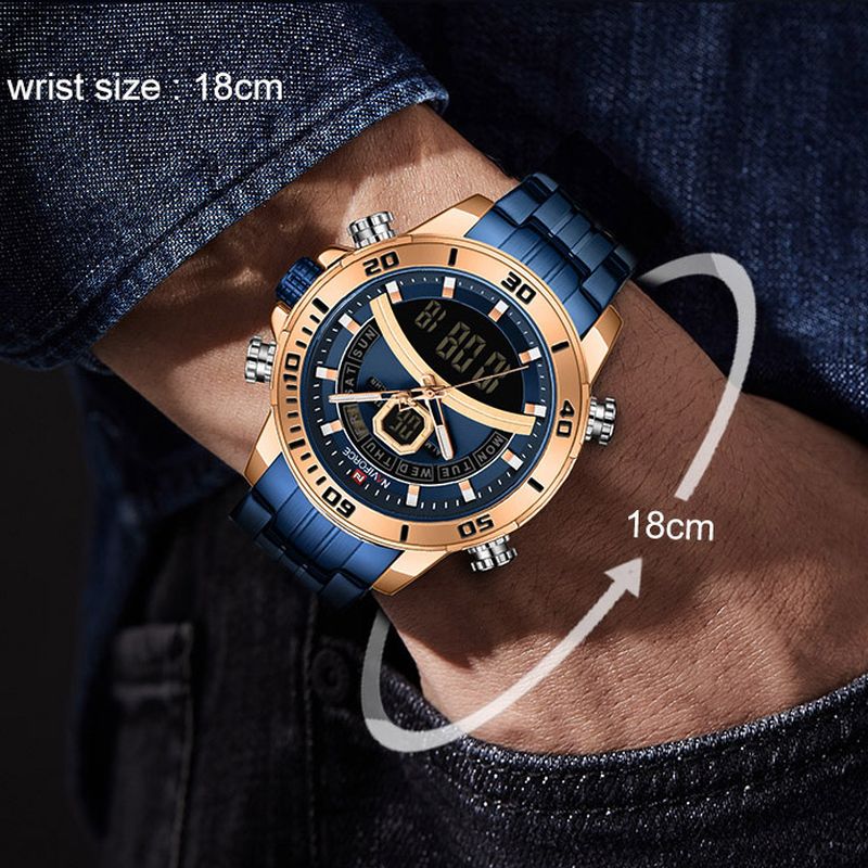 Full Steel Dual Display Chronograaf Heren Polshorloge Lichtgevende Hand Quartz Horloge