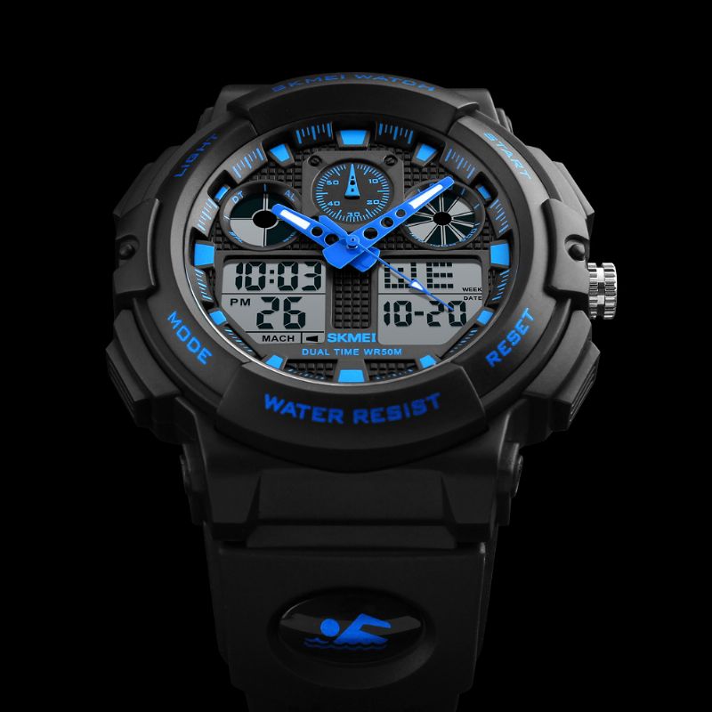 Heren Sport Chorongraph 50m Waterdicht Lichtgevend Digitaal Horloge Met Dubbele Weergave