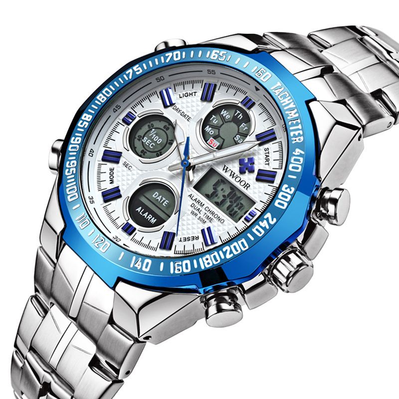 Led-alarm Digitaal Horloge Volledig Stalen Horloge In Zakelijke Stijl Met Dubbel Display