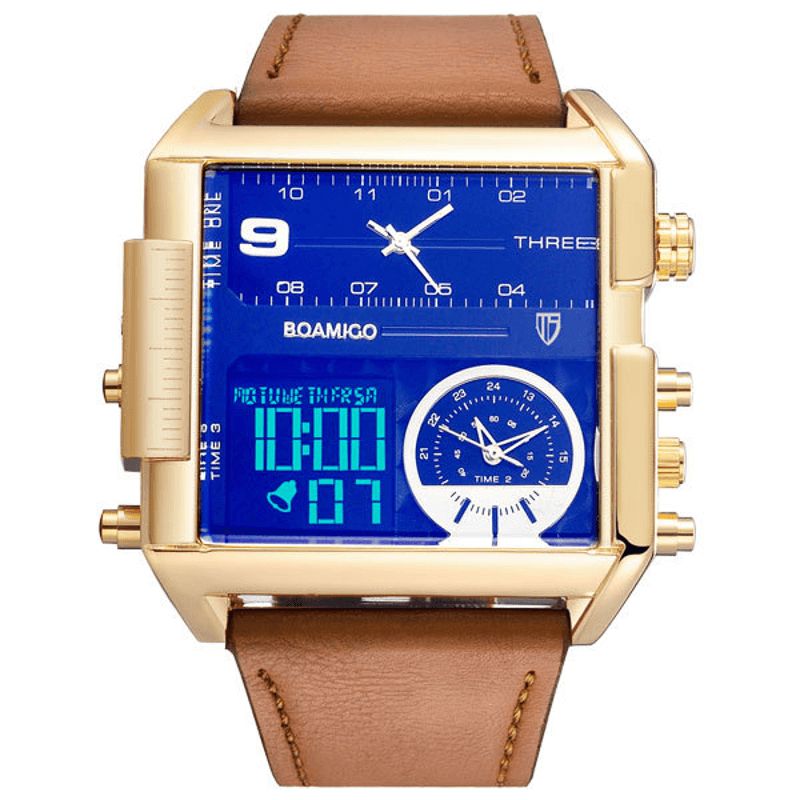 Mode Heren Digitaal Horloge Creatieve Wijzerplaat Week Maand Display Chronograaf 3 Tijdzone Lederen Band Dual Display Horloge