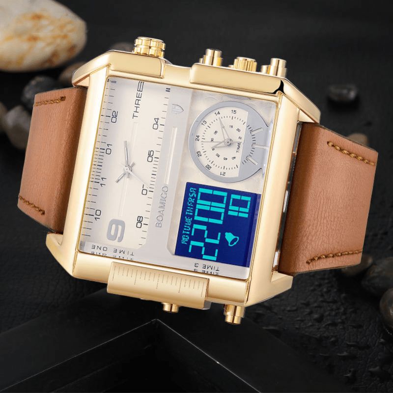 Mode Heren Digitaal Horloge Creatieve Wijzerplaat Week Maand Display Chronograaf 3 Tijdzone Lederen Band Dual Display Horloge