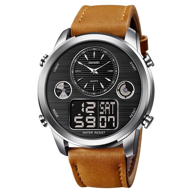 Mode Heren Digitale Horloge Datum Week Lichtgevende Display Stopwatch Countdown Lederen Band Dual Display Horloge