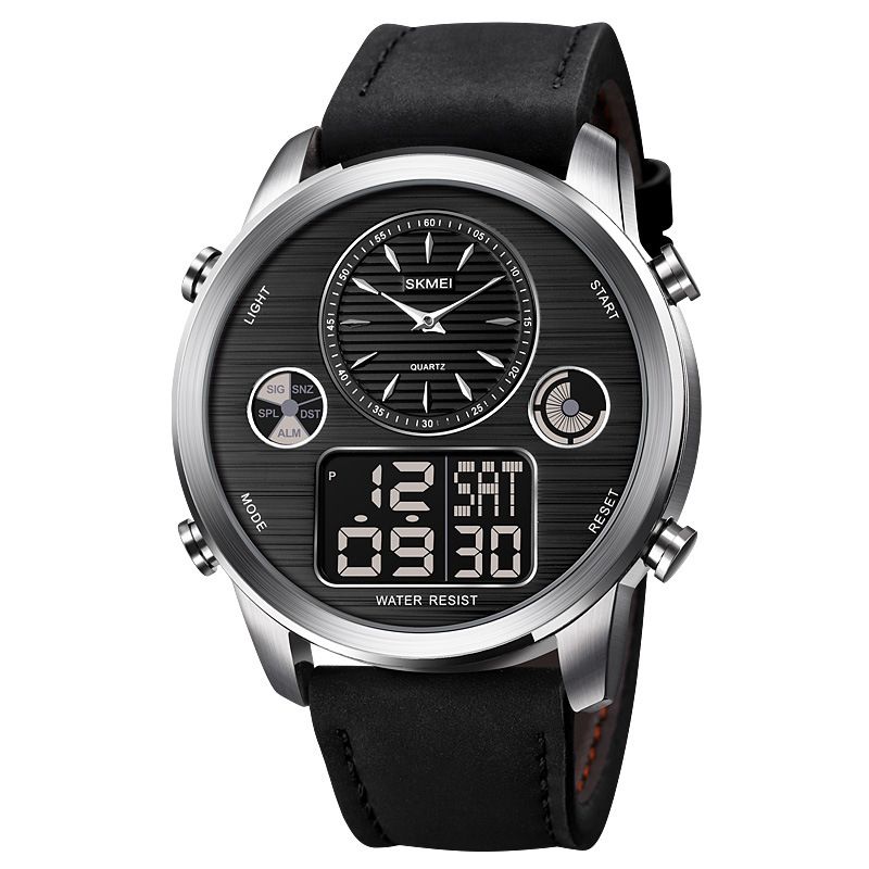 Mode Heren Digitale Horloge Datum Week Lichtgevende Display Stopwatch Countdown Lederen Band Dual Display Horloge