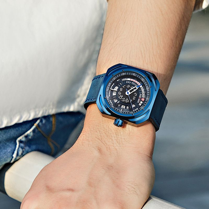 Mode Mannen Kijken Creatieve Wijzerplaat Waterdichte Datum Weekweergave Lederen Band Quartz Horloge