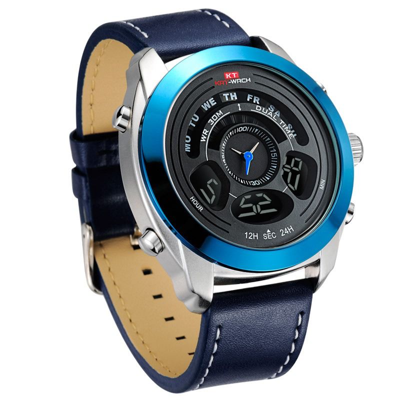Mode Sport Heren Digitaal Horloge Datum Week Maand Display Chronograaf Lederen Band Led Dual Display Horloge
