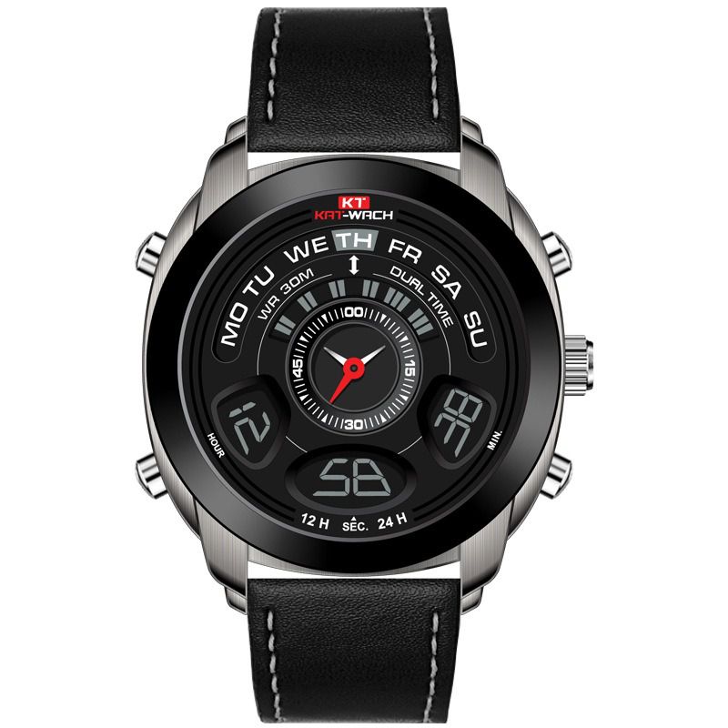 Mode Sport Heren Digitaal Horloge Datum Week Maand Display Chronograaf Lederen Band Led Dual Display Horloge