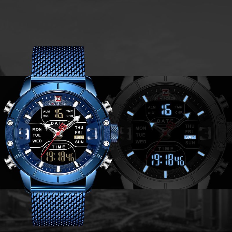 Zakelijke Stijl Led Dual Digital Horloge Waterdicht Volledig Stalen Quartz Horloge