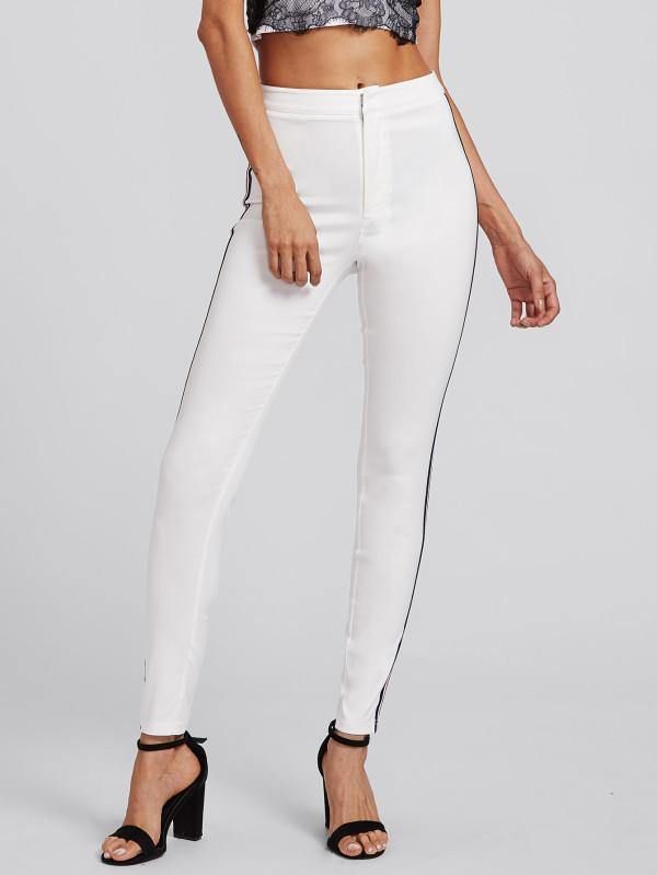 Contrast Tape Witte Skinny Jeans Vrijetijdsknop Fly Elastische Lange Denim Broek Dames Streetwear Casual Jeans