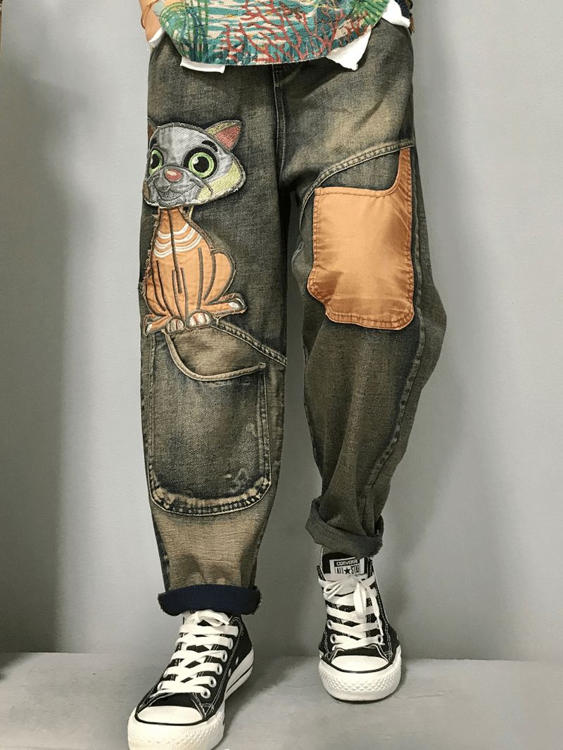 Dames Kat Borduurwerk Patchwork Half Taille Losse Denim Harem Jeans