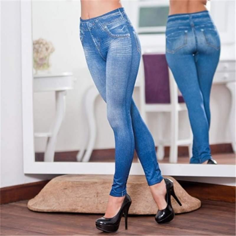 Perfect Fit Jeans Leggings Explosion Modellen Imitatie Denim Damesleggings 9 Punten Broek Pull Hair Print Imitatie Denim